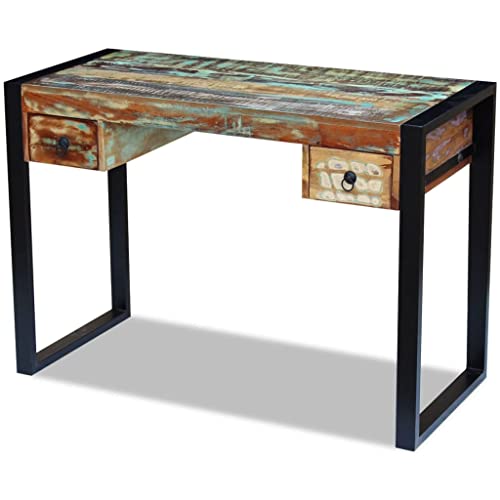 Rectangular Writing Desk with Drawers, Solid Mango Wood, Metal Frame, Brown C85149