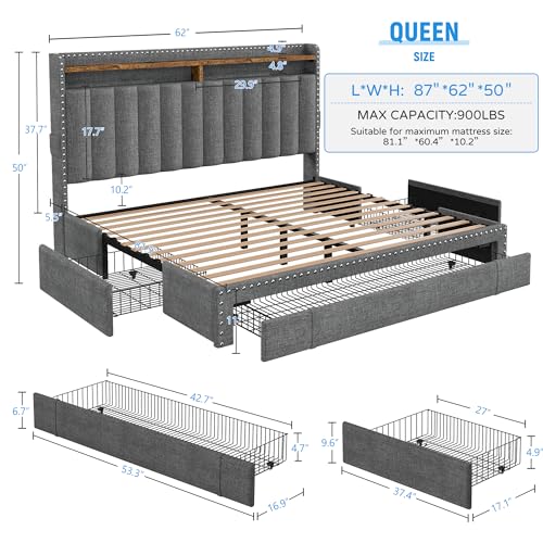 Grey Queen Size Upholstered Platform Bed Frame with 3 Drawers Q826277