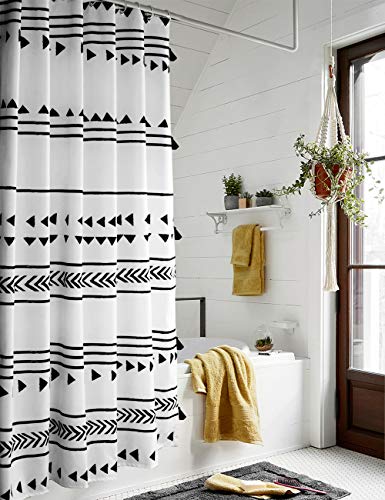 72x72 Black and White Fabric Shower Curtain with Hooks G4204