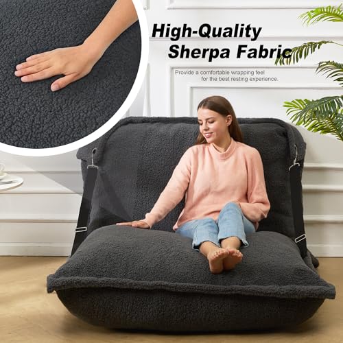 Grey Giant Bean Bag Chair with Adjustable Backrest and Detachable Sherpa Cover J486123