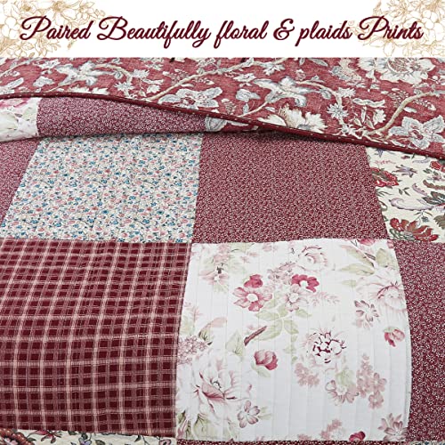 Burgundy Wine Red Floral Paisley Patchwork 100% Cotton Reversible Quilt Bedding Set, Queen - 3 Piece H897265