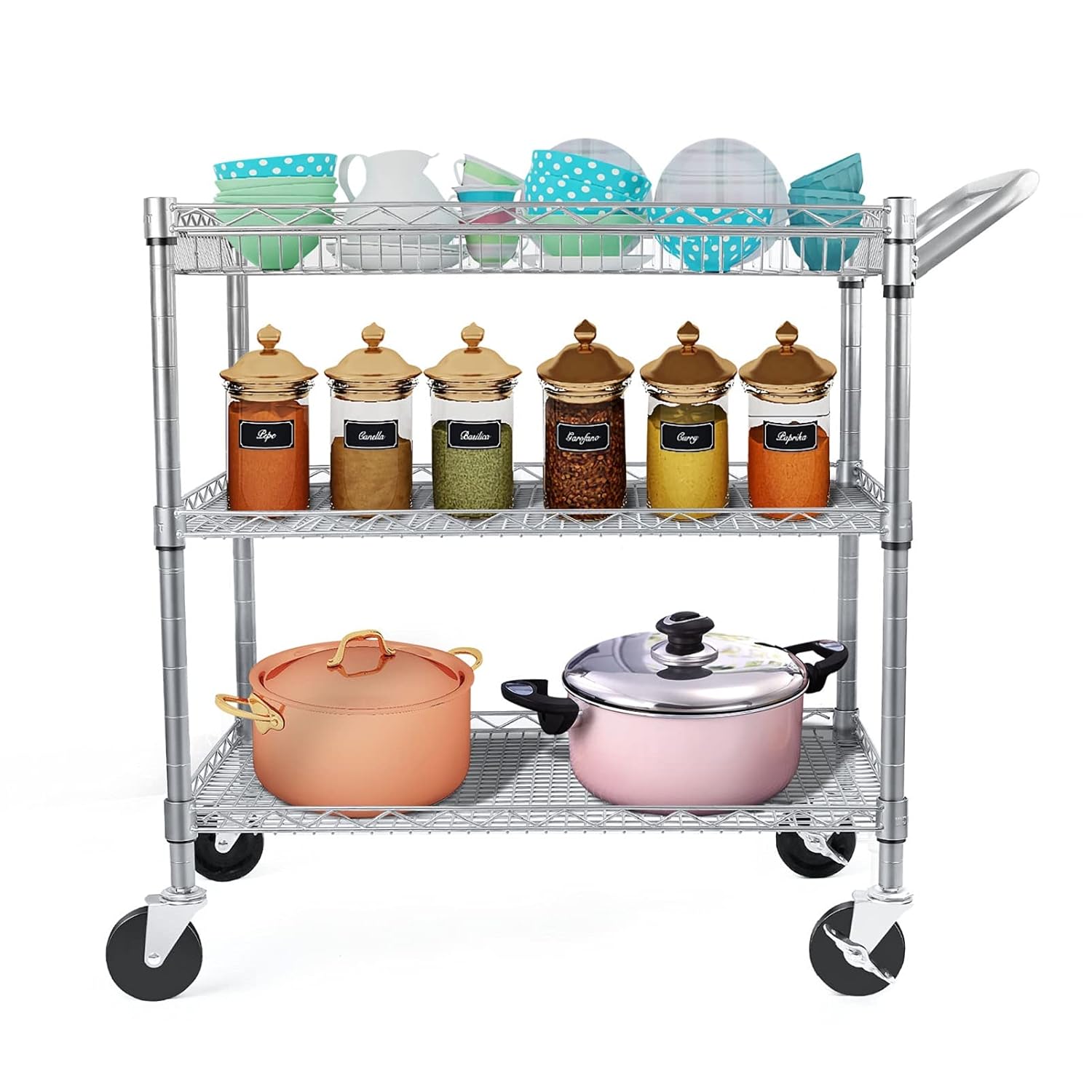 3 Tier Metal Rolling Utility Cart with Wire Shelving P296