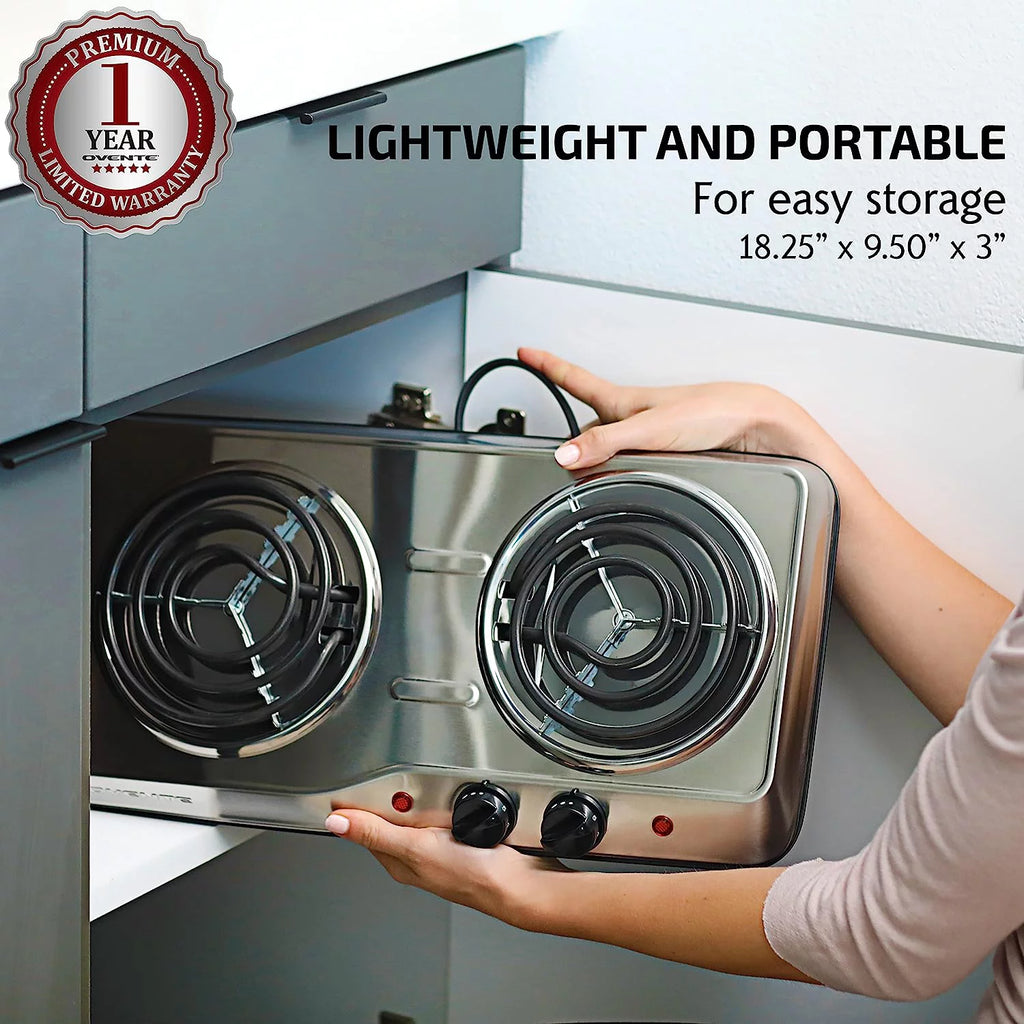 Silver Electric Countertop Double Burner with Stainless Steel Coil Hot Plates A183