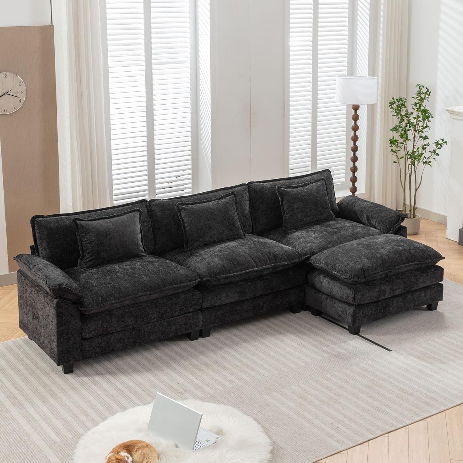 Black Chenille L-Shaped Sectional Sofa with Ottoman B505