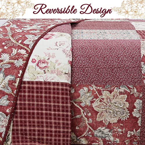 Burgundy Wine Red Floral Paisley Patchwork 100% Cotton Reversible Quilt Bedding Set, Queen - 3 Piece H897265