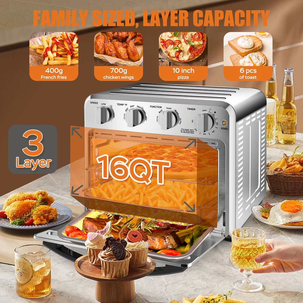 16QT Air Fryer Oven, 4 Slice Toaster Convection Air Fryer, Silver X119