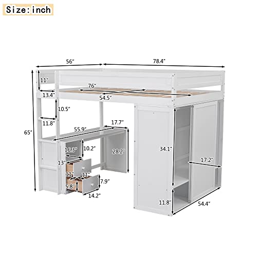 White Solid Wood Full Size Loft Bed with Wardrobes and 2-Drawer Desk and Storage Cabinet W990