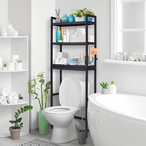 Bamboo 3-Tier Over The Toilet Storage Shelf with Paper Holder and 3 Hooks Z88641