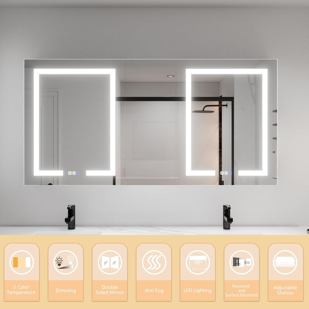 LED Lighted Bathroom Medicine Cabinet with Mirror, 60 x 30 Inch, with Extra Closed Storage Cabinet P760404