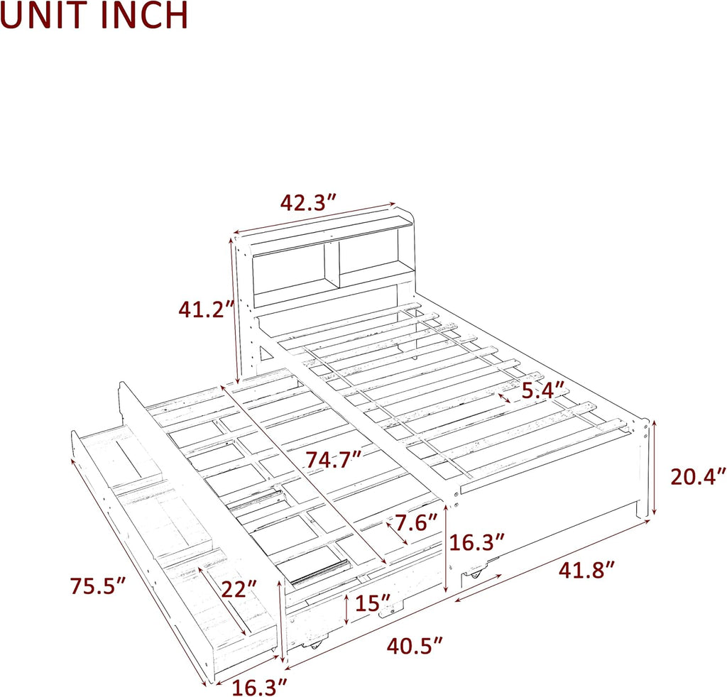 Twin Wood Captain’s Bed with Bookcase Headboard, Trundle and 3 Drawers, Espresso W665510