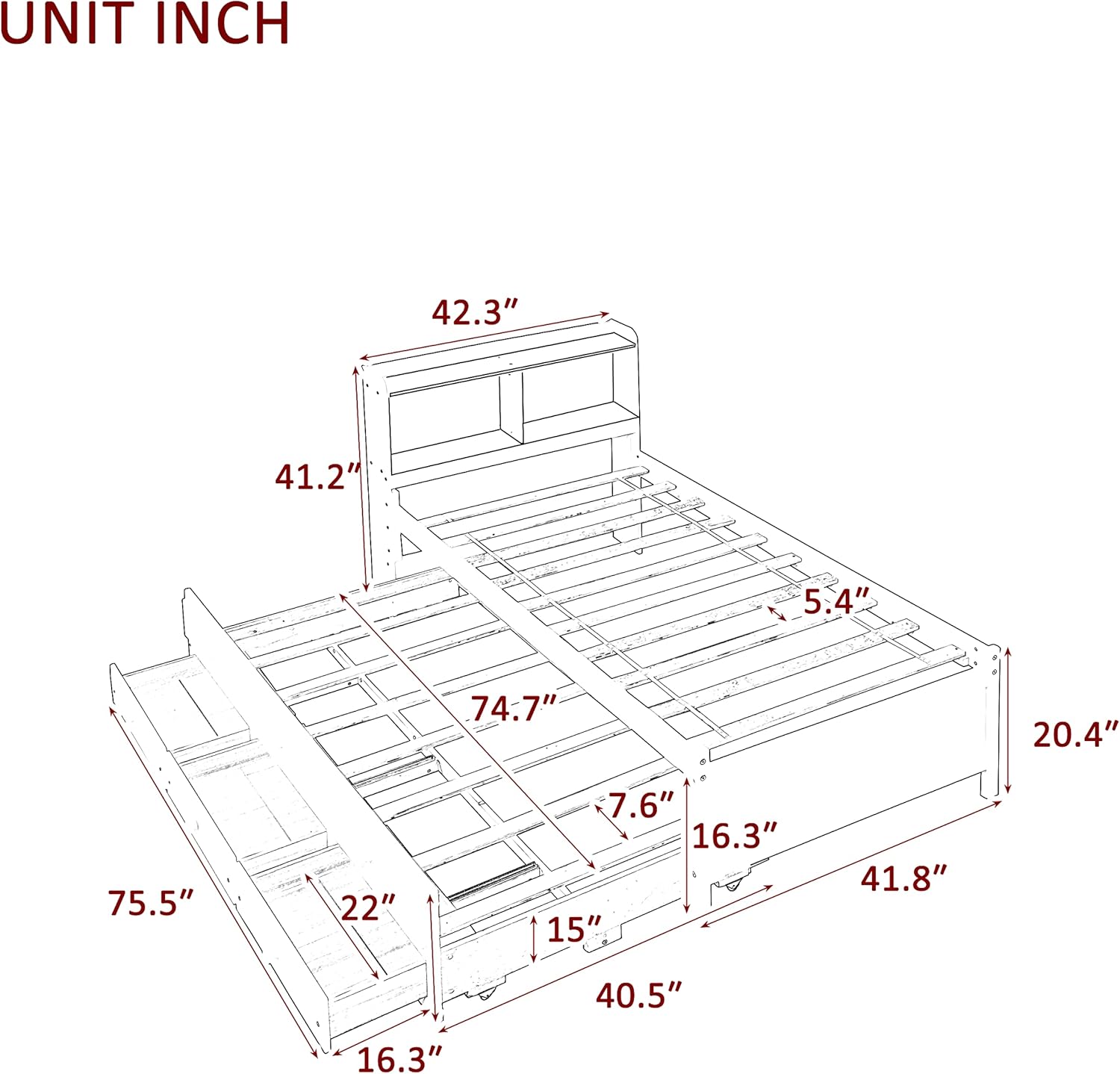 Twin Wood Captain’s Bed with Bookcase Headboard, Trundle and 3 Drawers, Espresso W665510