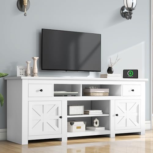 White Farmhouse TV Stand with Power Outlet H965