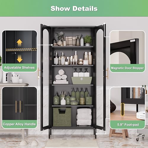 71" Tall Black Glass Display Cabinet with 4 Shelves F94395
