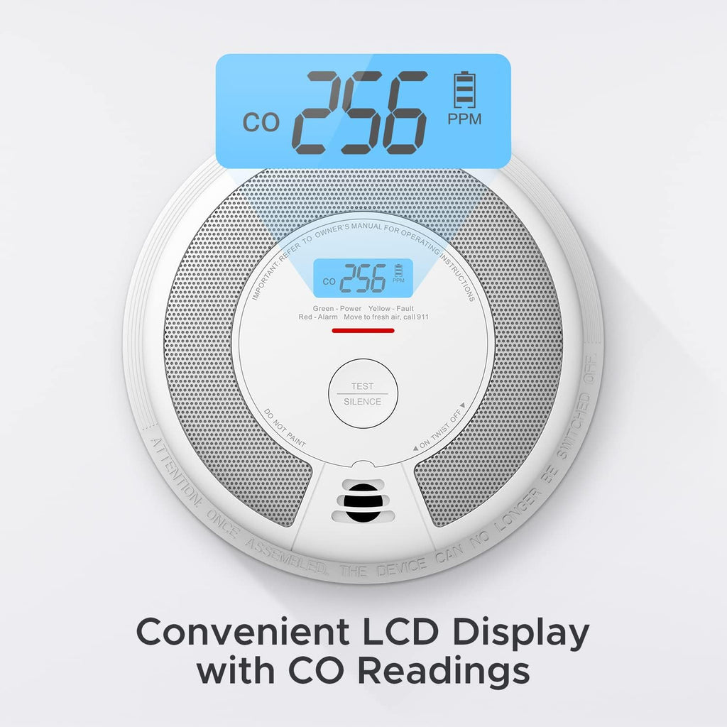 10-Year Battery Smoke Carbon Monoxide Alarm Detector with Large LCD Display H9651