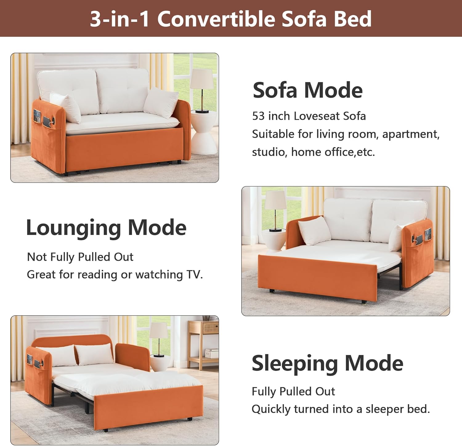 53" Velvet Convertible Sleeper Sofa Bed H221408