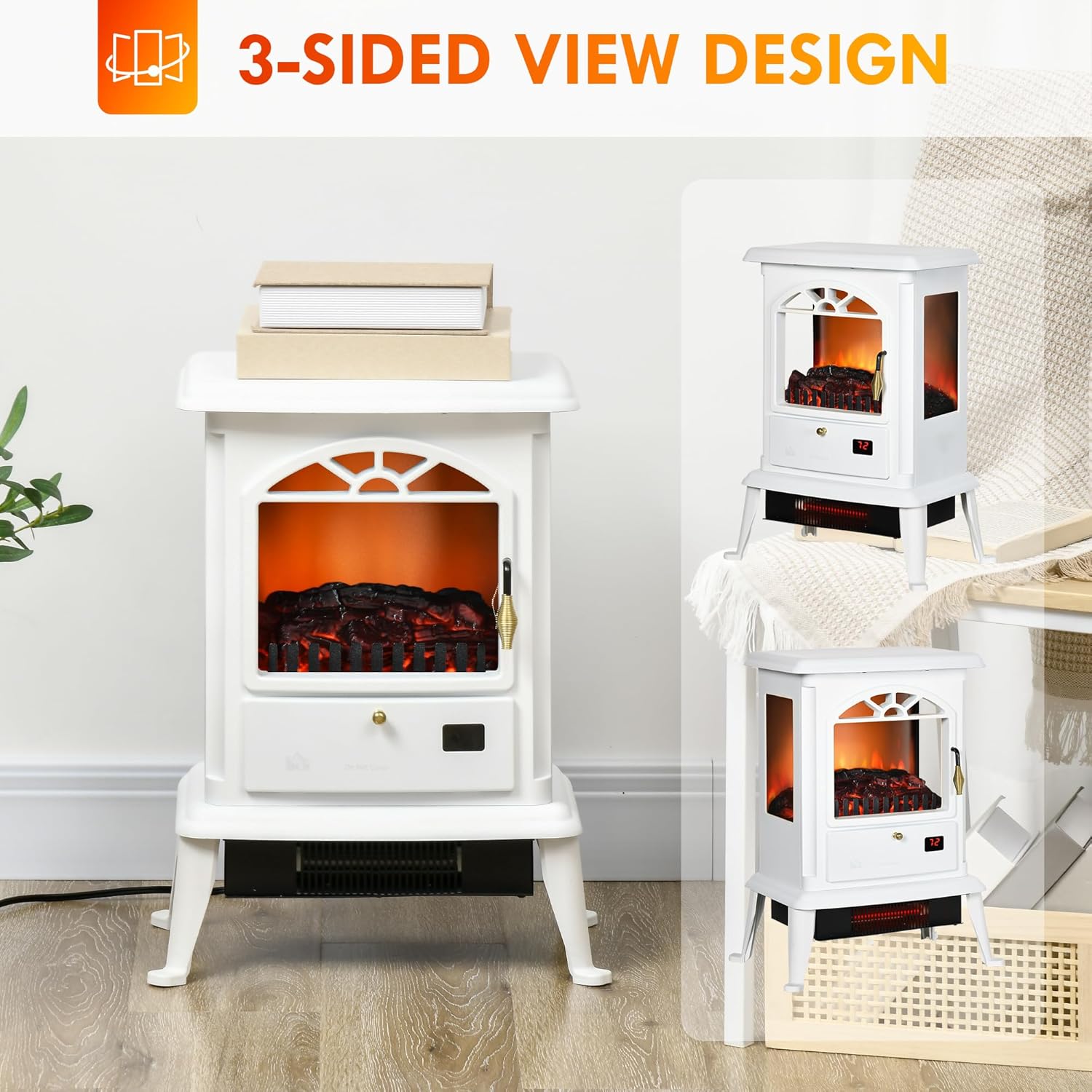 White Electric Infrared Fireplace Stove with Realistic Log Flame R9554