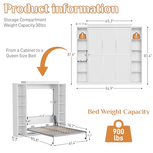 Queen Murphy Bed Cabinet with 5-Tier Adjustable Storage Shelves, Grey Wood Foldable Platform Bed E6897