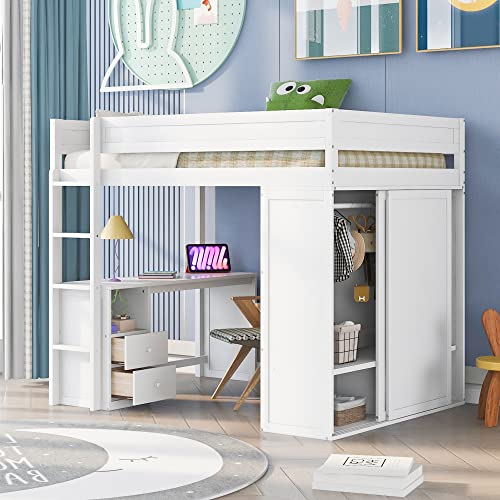 White Solid Wood Full Size Loft Bed with Wardrobes and 2-Drawer Desk and Storage Cabinet W990