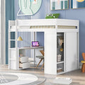 White Solid Wood Full Size Loft Bed with Wardrobes and 2-Drawer Desk and Storage Cabinet W990