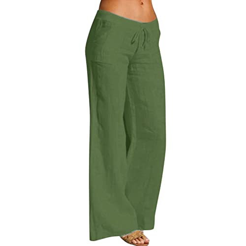 Women Linen Cotton Elastic Waist Drawstring Long Wide Leg Pants Z96895