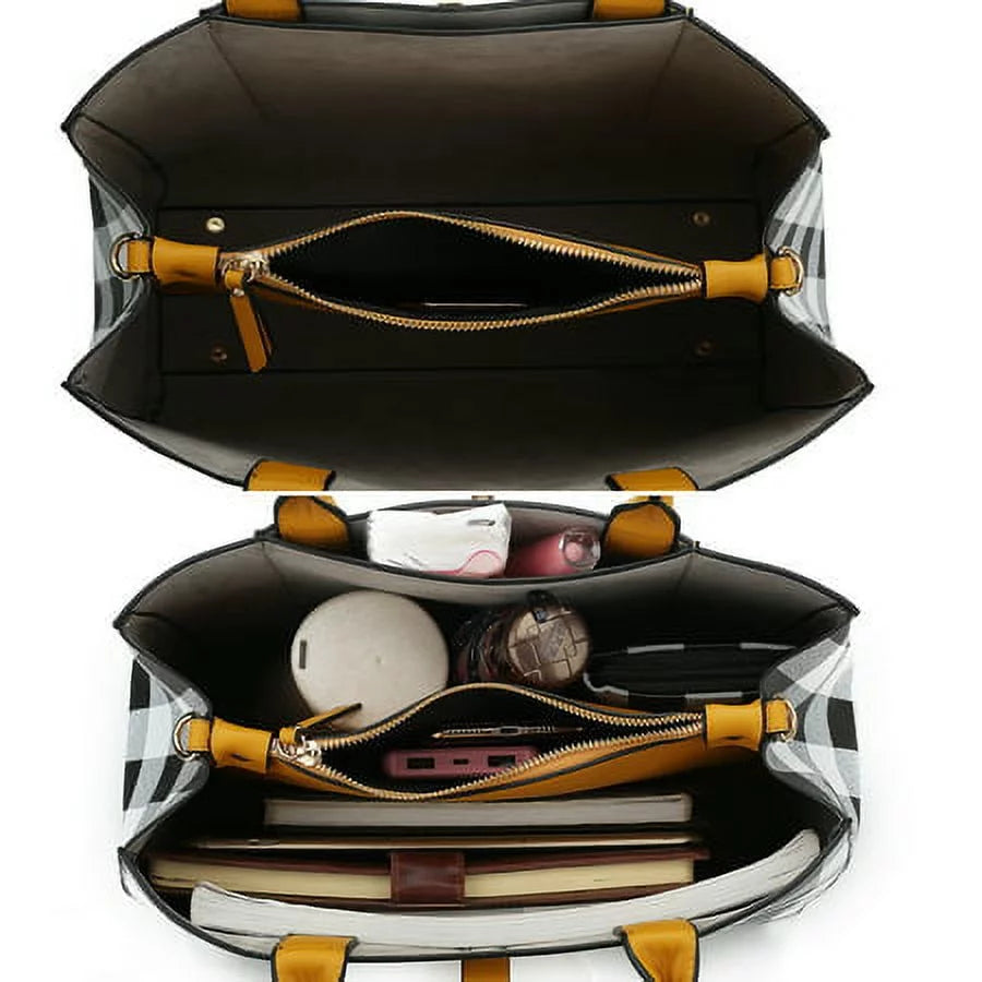 Vegan Leather Checkered Satchel Bag with Wallet 2 Piece Set V240