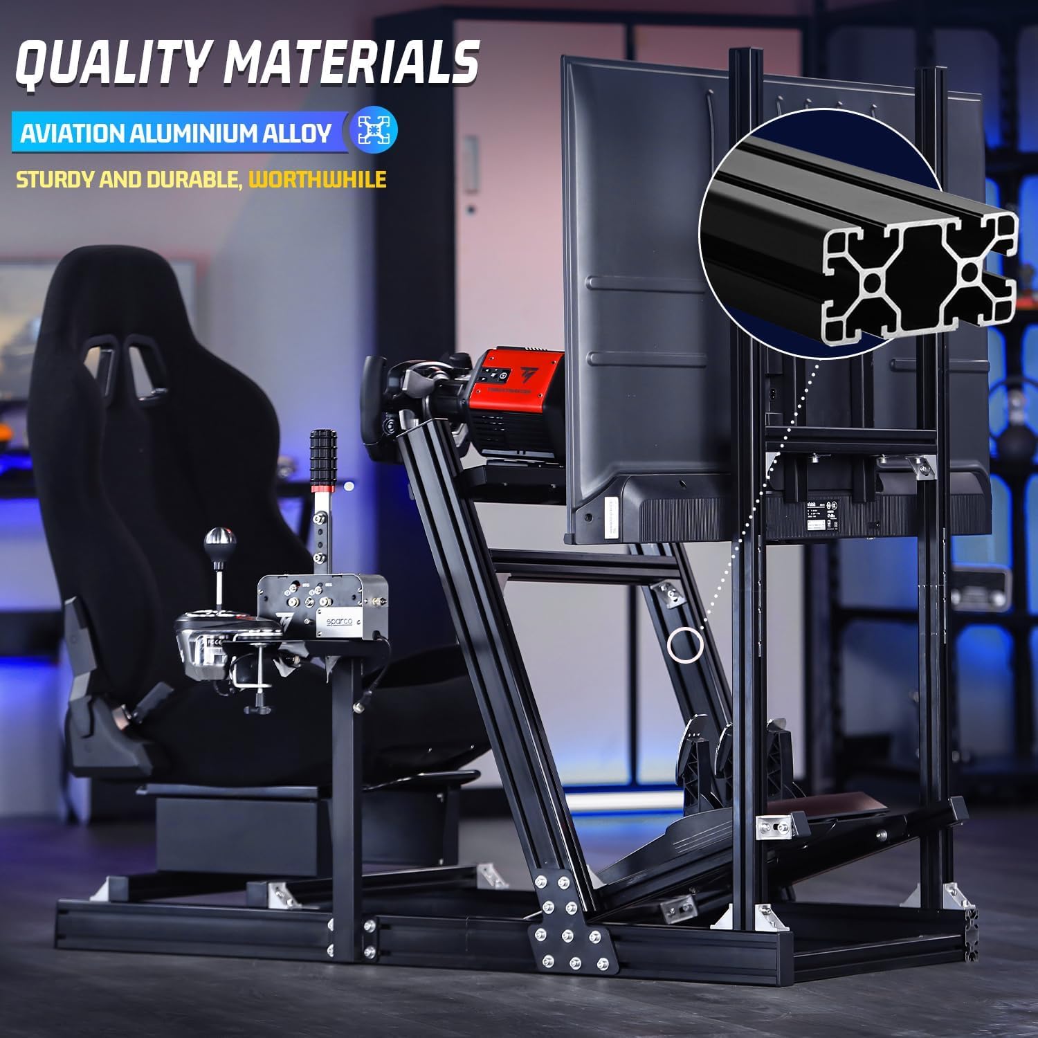Racing Simulator Cockpit with Monitor Stand and Black Seat Q201