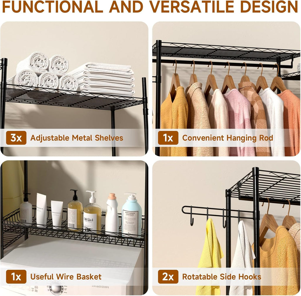Over The Washer and Dryer Laundry Room Storage Shelf with Adjustable Shelves, Wire Basket, and Rotatable Hooks Z150991