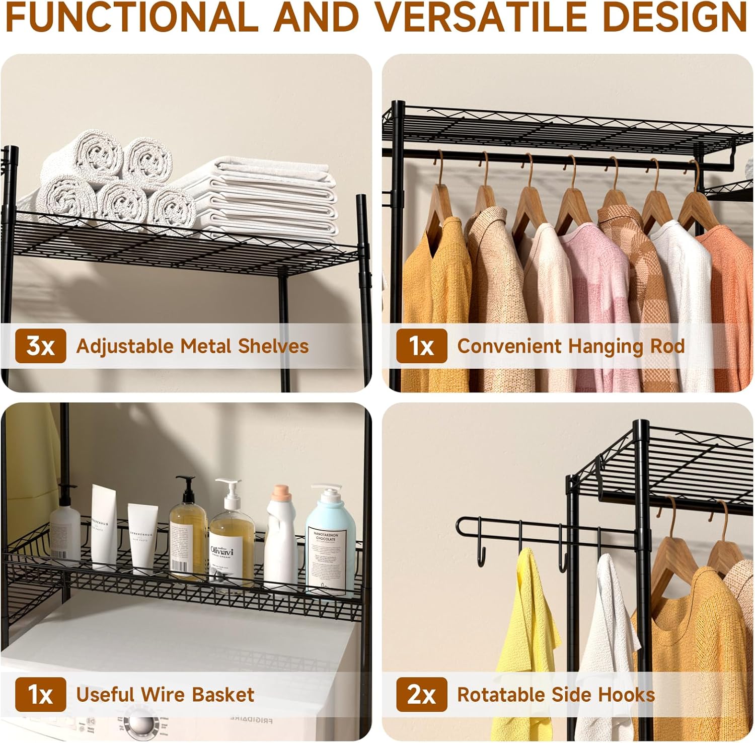 Over The Washer and Dryer Laundry Room Storage Shelf with Adjustable Shelves, Wire Basket, and Rotatable Hooks Z150991