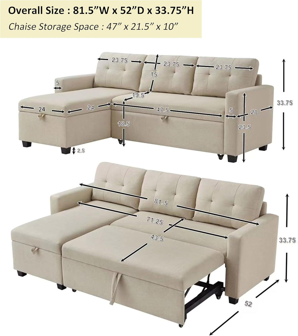 Beige L-Shape Convertible Sofa Sleeper with Pull-Out Bed W5689