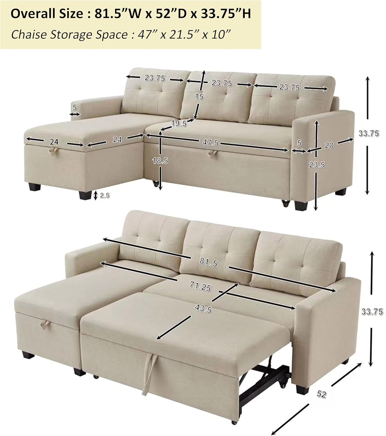 Beige L-Shape Convertible Sofa Sleeper with Pull-Out Bed W5689