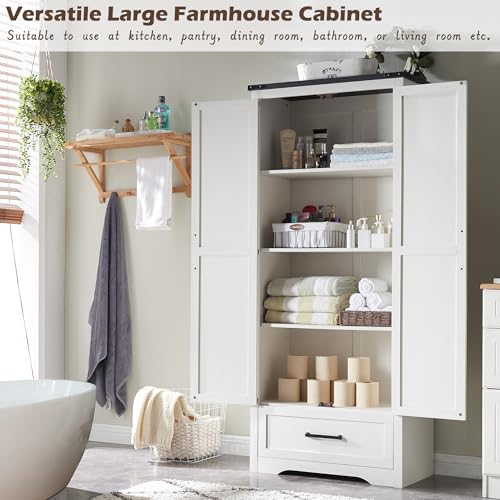 White 72" Tall Wood Rustic Storage Cabinet with Adjustable Shelves and Drawer T958742