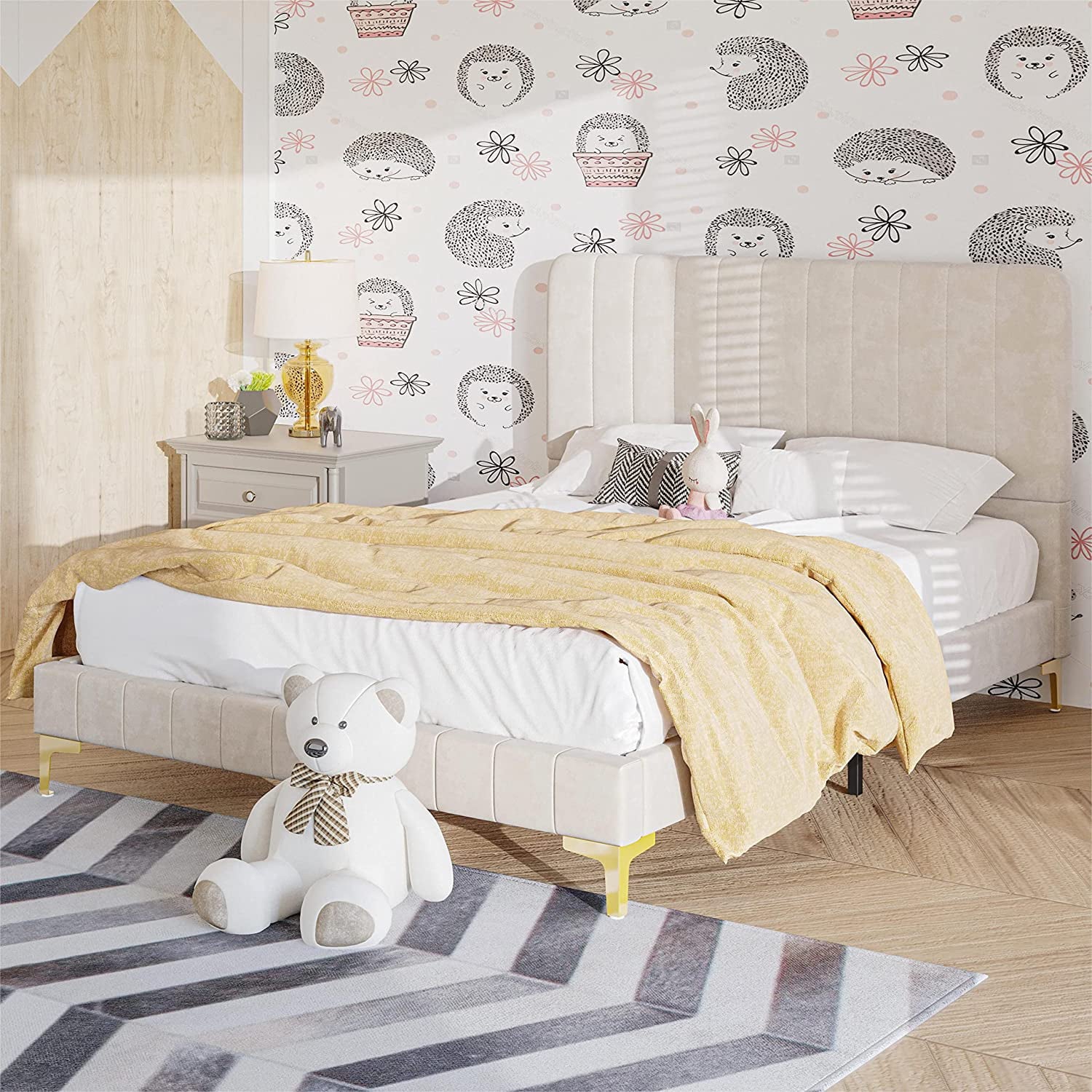 Beige Upholstered Full Size Platform Bed with Headboard T331