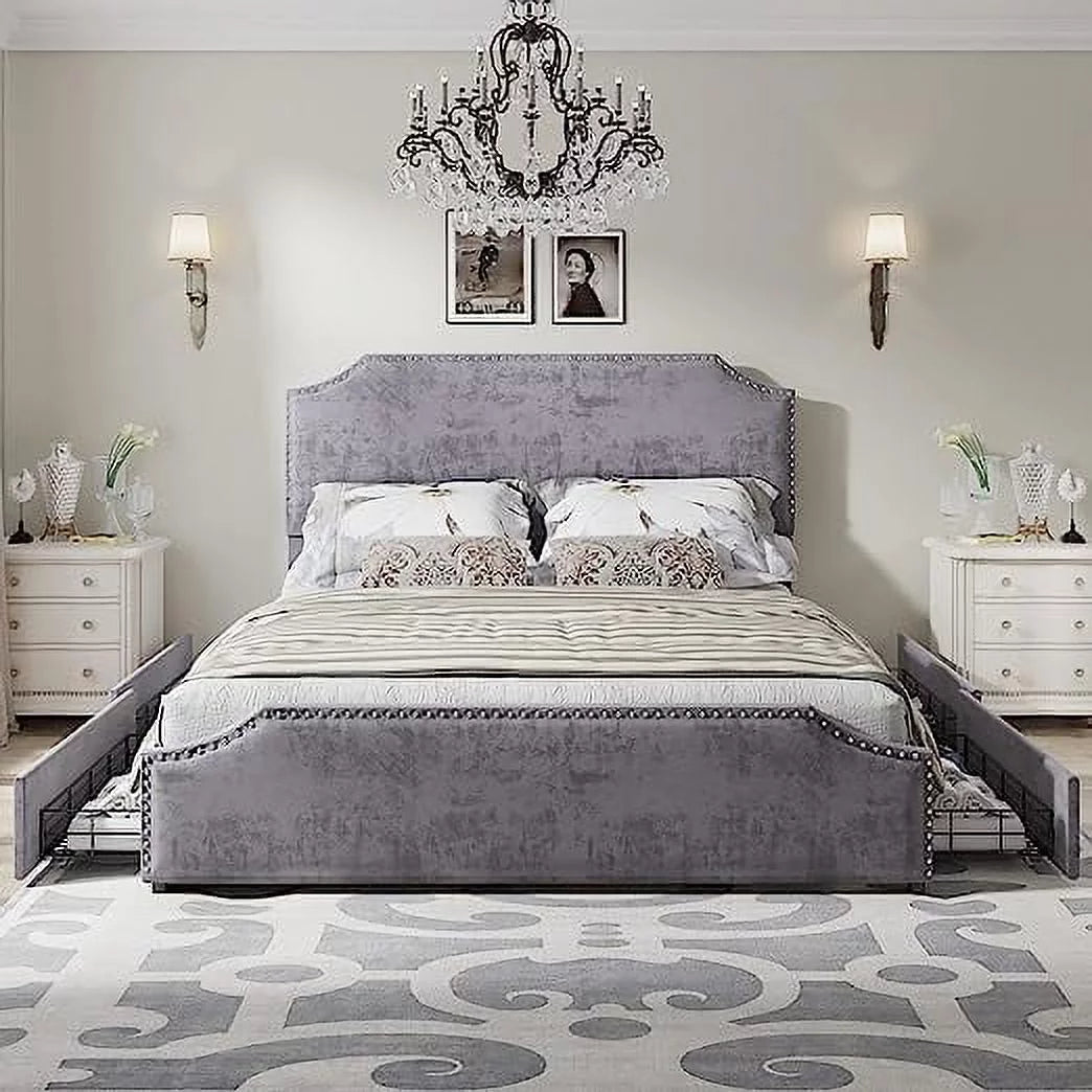 King Size Velvet Upholstered Platform Bed Frame with 4 Storage Drawers and Headboard O750666