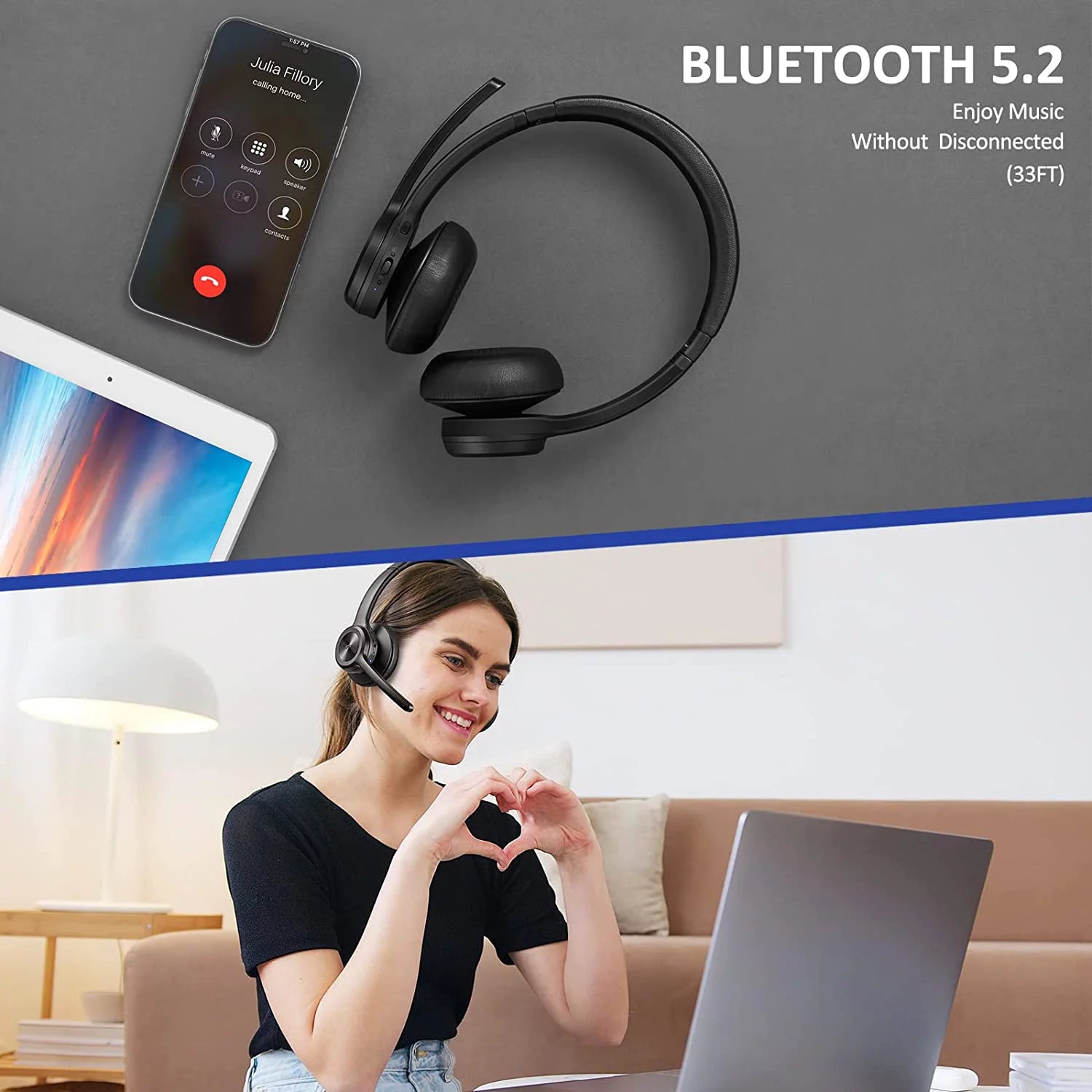 Bluetooth Headset V5.2 Wireless Headphones with Noise Cancelling Microphone U213