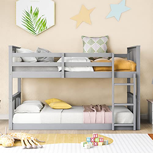 Gray Solid Wood Twin over Twin Bunk Bed with Ladder and Guard Rail Z24335