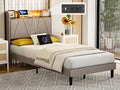King Bed Frame with Charging Station and Storage Shelf Headboard, Upholstered LED Bed Frame with Solid Wood Slats, Light Brown R147