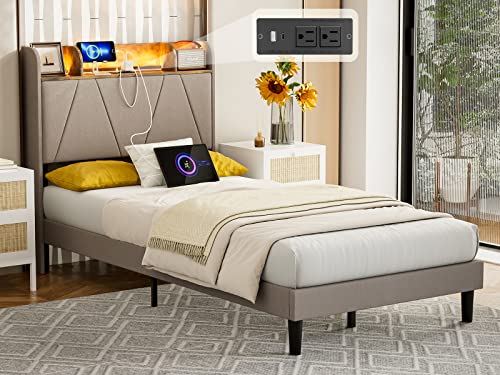 King Bed Frame with Charging Station and Storage Shelf Headboard, Upholstered LED Bed Frame with Solid Wood Slats, Light Brown R147