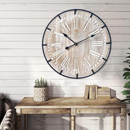 24 Inch Rustic Wood Wall Clock with Metal Circle and Numerals B79526