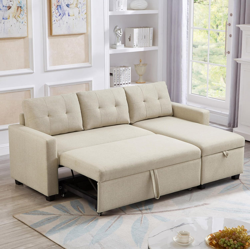 Beige L-Shape Convertible Sofa Sleeper with Pull-Out Bed W5689