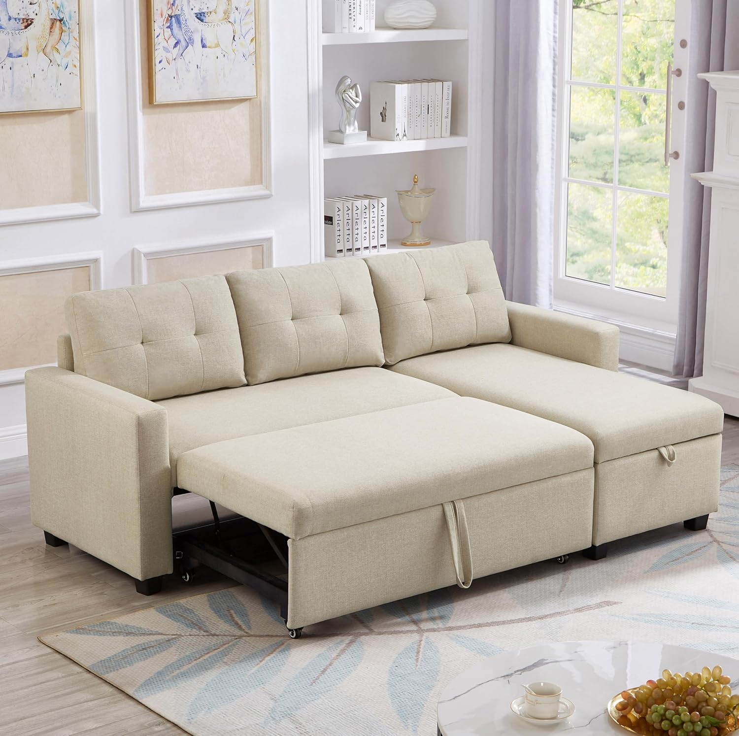 Beige L-Shape Convertible Sofa Sleeper with Pull-Out Bed W5689