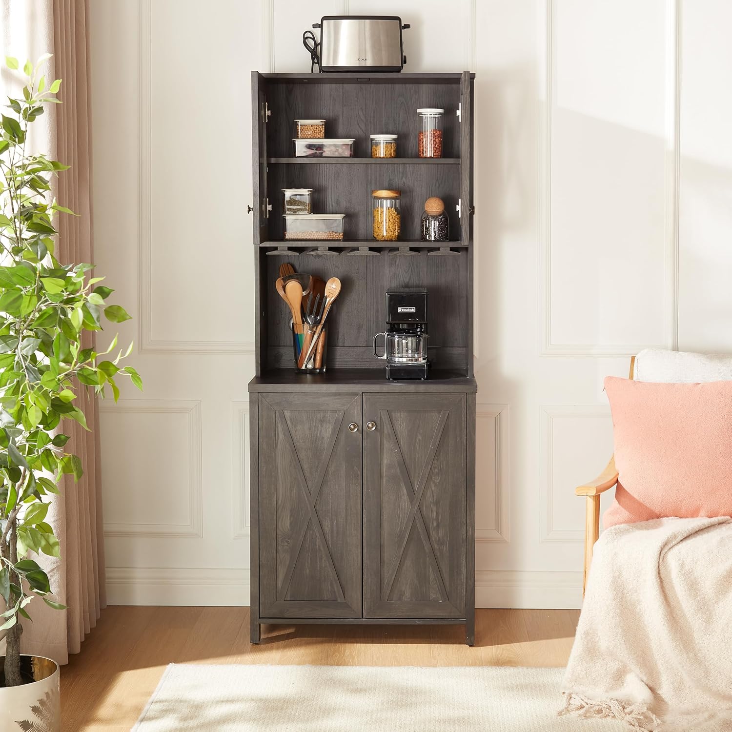 Charcoal Gray Coffee Bar Cabinet with Microwave Stand K48557