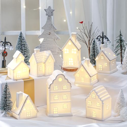 28 Pcs Ceramic LED White Christmas Village Set with Houses, Trees, Lamp Post Z32937