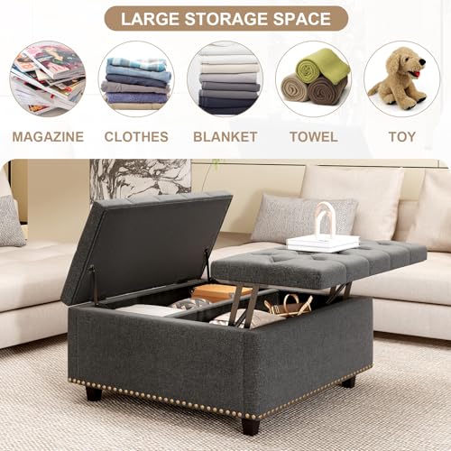 Large Square Storage Ottoman Coffee Table, Light Grey Linen Upholstered with Lift Top C91892