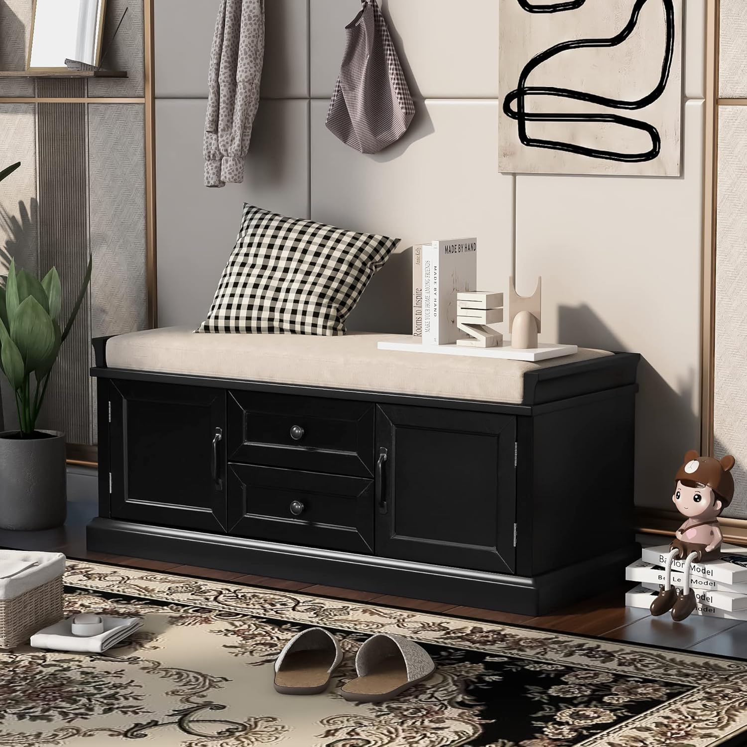 Black Storage Bench with 2 Drawers and 2 Cabinets with Removable Cushion V997276