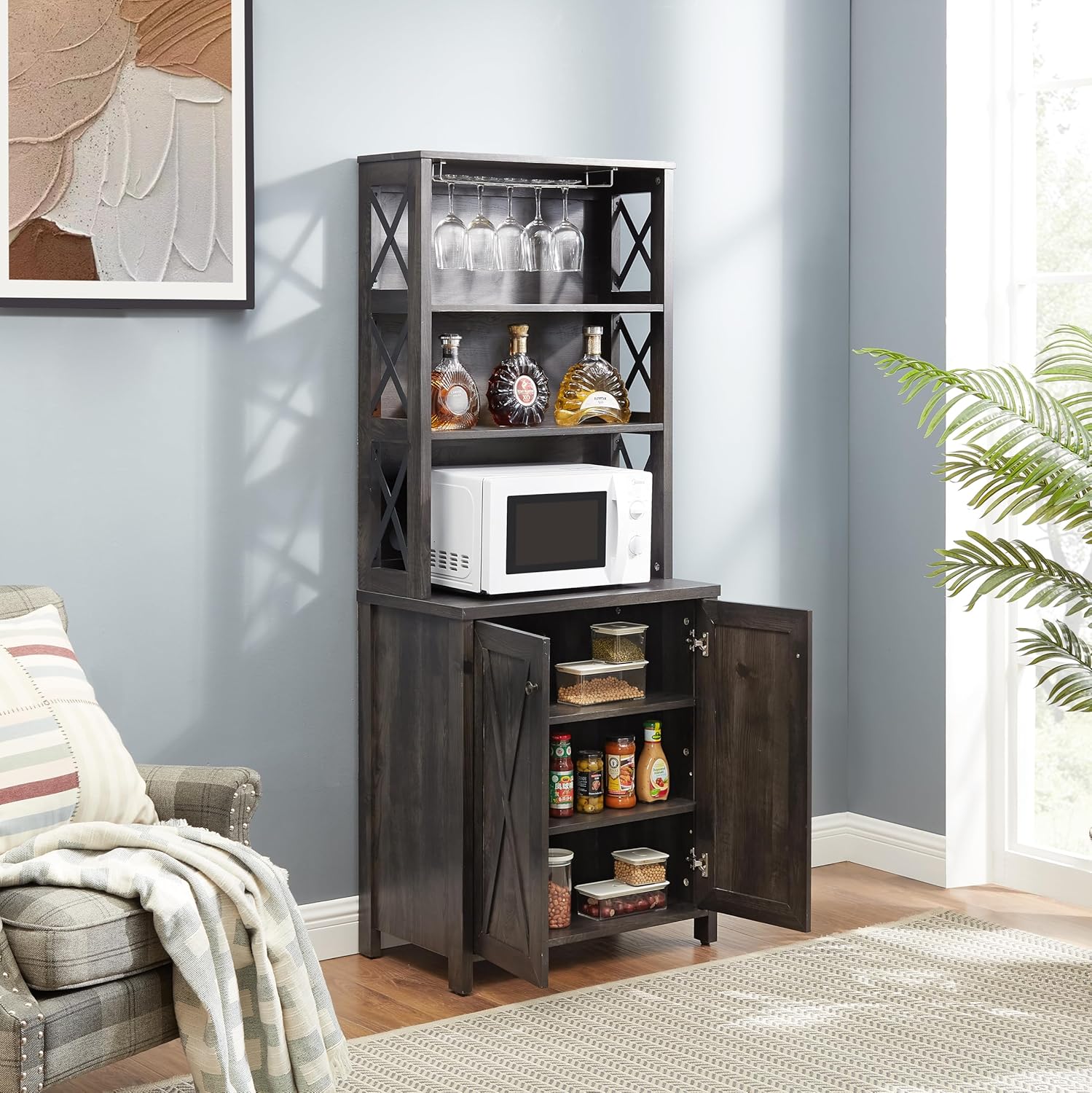 Charcoal Gray Coffee Bar Cabinet with Microwave Stand K48557