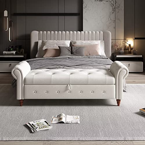 Blue Button Tufted Storage Bench with Solid Wood Legs U825295