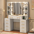 White Vanity Desk with Mirror & LED Lights, Glass Top, 9 Drawers U497