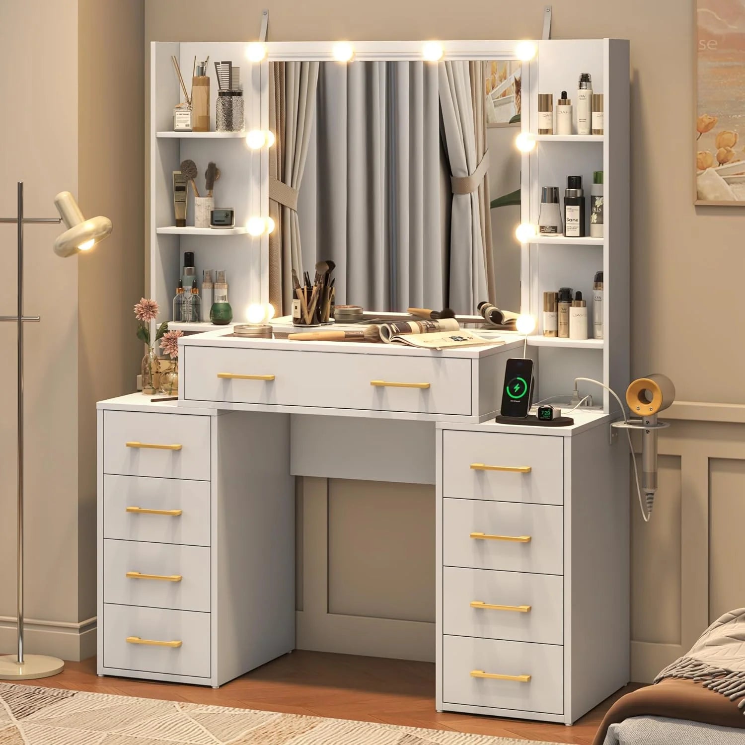 White Vanity Desk with Mirror & LED Lights, Glass Top, 9 Drawers U497