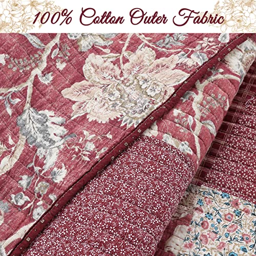 Burgundy Wine Red Floral Paisley Patchwork 100% Cotton Reversible Quilt Bedding Set, Queen - 3 Piece H897265