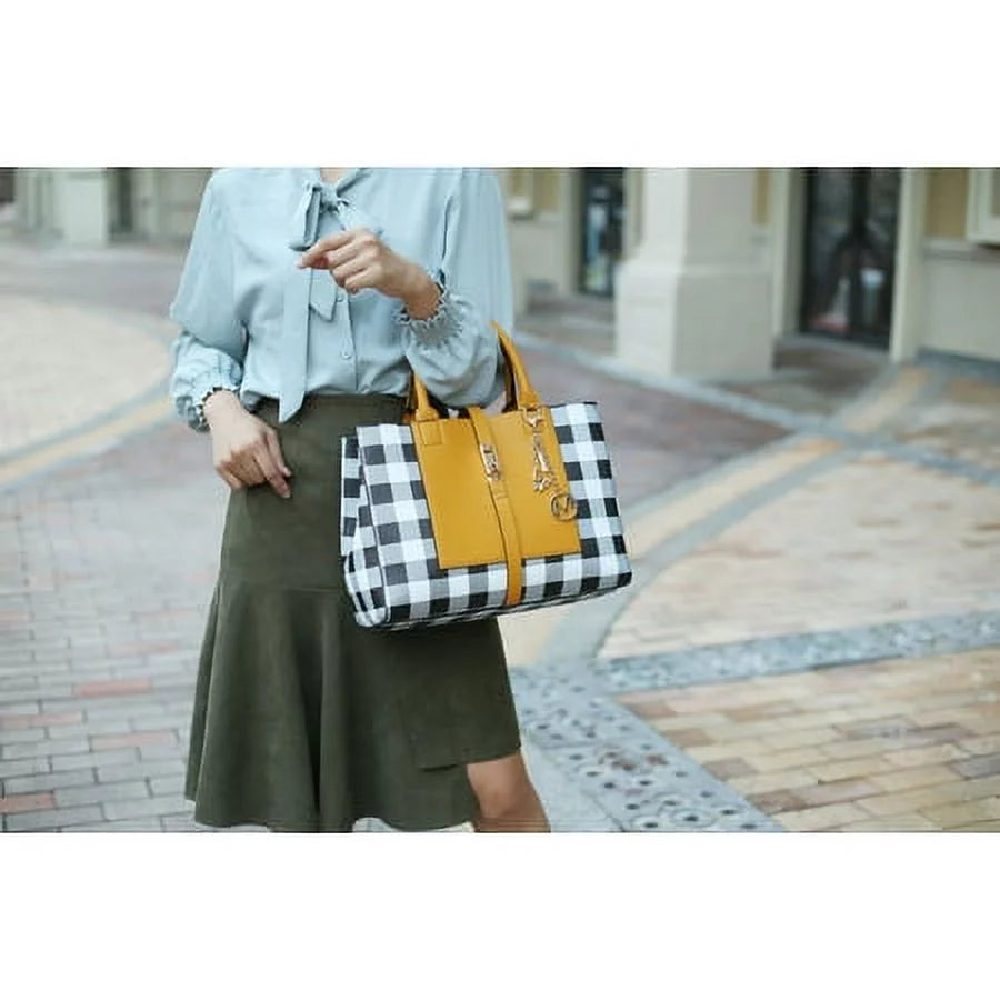 Vegan Leather Checkered Satchel Bag with Wallet 2 Piece Set V240